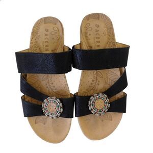 Acorn Womens Flip Flops Leather Black Beaded Strap Size 6 Cork